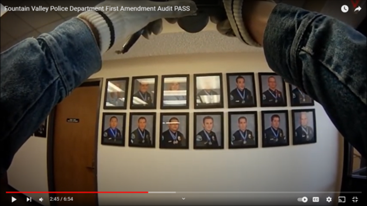 A self-proclaimed 1st Amendment auditor shoots photos and videos inside the Fountain Valley Police Station in a 2017 video.