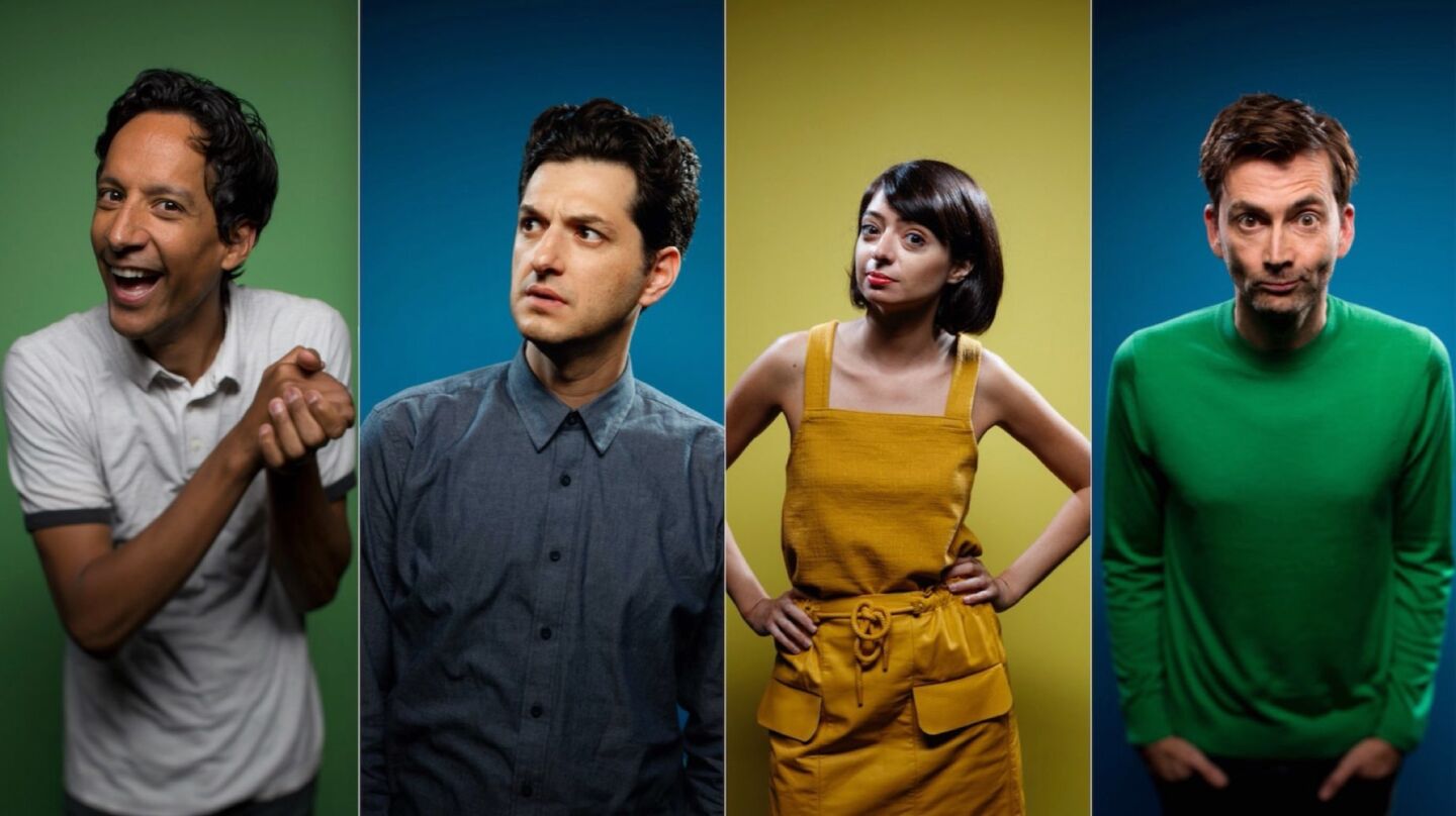 The new cast of DisneyXD's "DuckTales" Danny Pudi, Ben Schwartz, Kate Micucci and David Tennant at the L.A. Times photo studio at Comic-Con 2017.