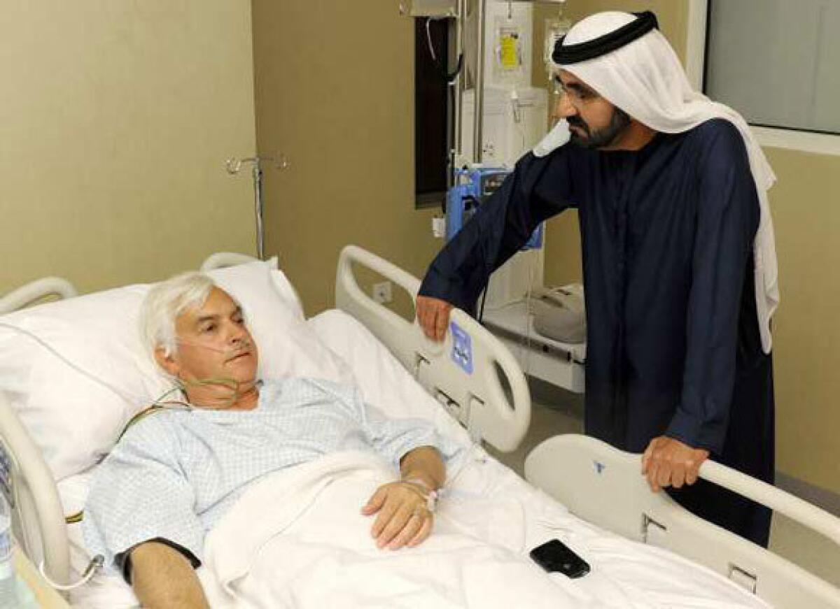 Sheik Mohammed bin Rashid Al Maktoum, the ruler of Dubai, visits Bob Baffert in the hospital after the horse trainer had a heart attack.