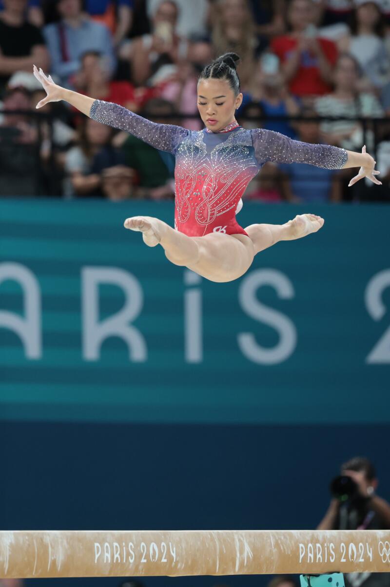 Suni Lee competes on the balance beam during the women's all-around final at the Paris Olympic Games on Thursday.