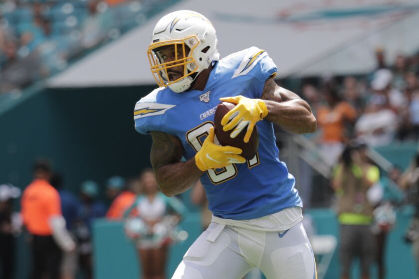 Los Angeles Chargers tight end Lance Kendricks (87) catches a pass, during the first half at an NFL football ga against the Miami Dolphins, Sunday, Sept. 29, 2019, in Miami Gardens, Fla. AP Photo/Lynne Sladky)