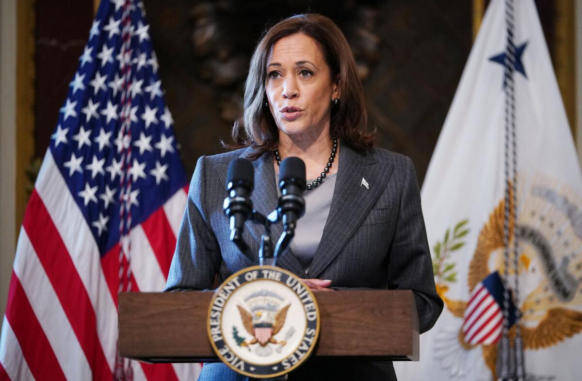 Vice President Kamala Harris speaks from behind a podium.