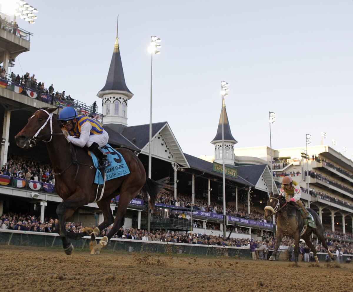 Corey Nakatani rides My Miss Aurelia to victory during the Juvenile Fillies race at the Breeders' Cup horse races at Churchill Downs in 2011.