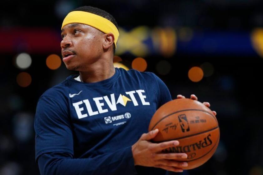 Denver Nuggets guard Isaiah Thomas (0) in the first half of Game 1 of an NBA basketball second-round playoff series Monday, April 29, 2019, in Denver. (AP Photo/David Zalubowski)