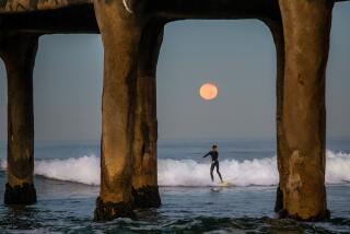 Manhattan Beach, CA - October 20: A pre-dawn surfer is seen with the setting Hunter's full moon, behind the Manhattan Beach Pier, in Manhattan Beach, CA, Manhattan Beach Pier, Wednesday, Oct. 20, 2021. (Jay L. Clendenin / Los Angeles Times)