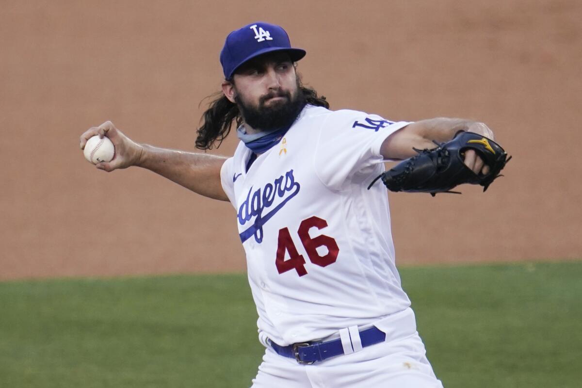 Dodgers starter Tony Gonsolin pitches during the first inning against Colorado on Sept. 5, 2020. 