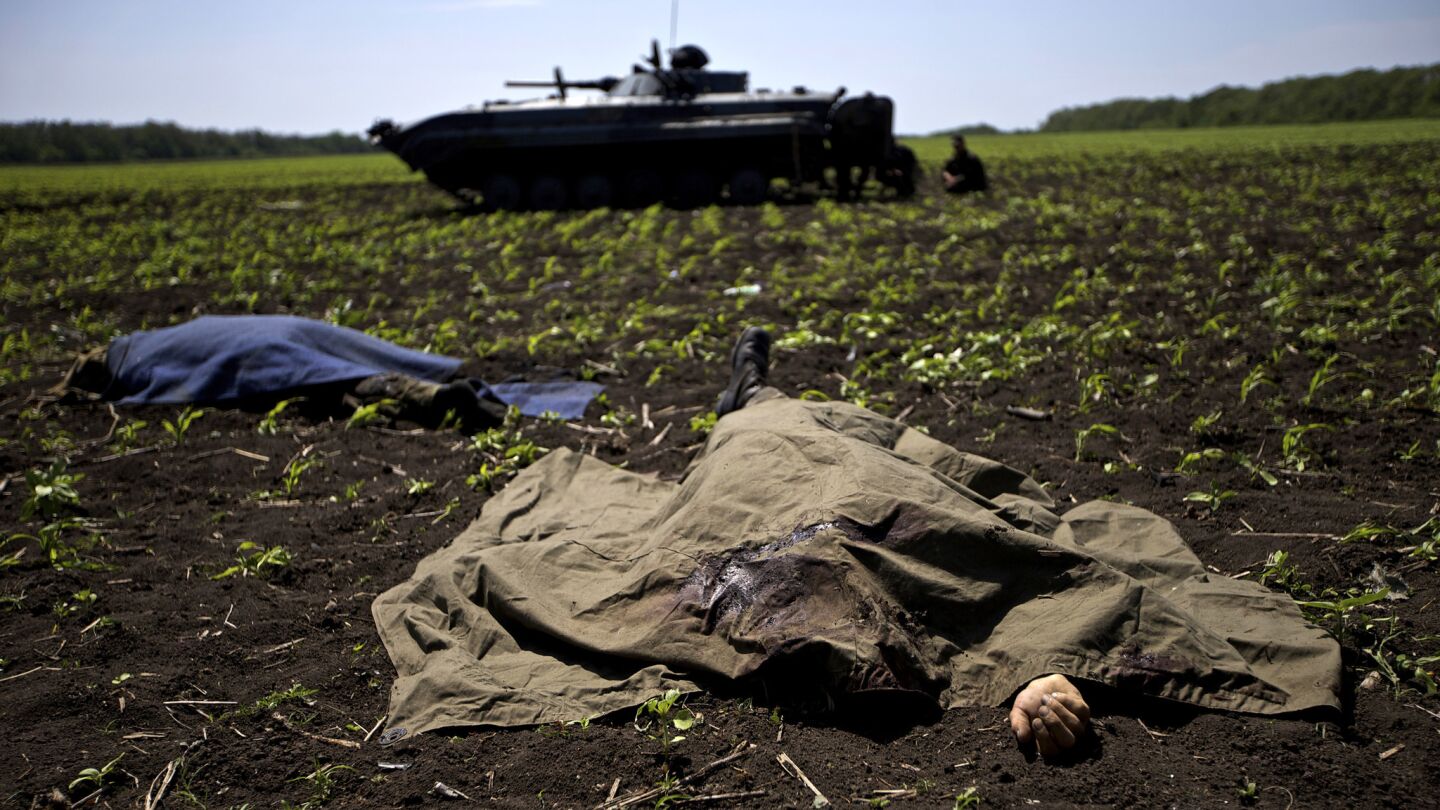 Bodies covered with blankets lie in a field near the village of Blahodatne in eastern Ukraine after a clash between Ukrainian troops and pro-Russian separatists.