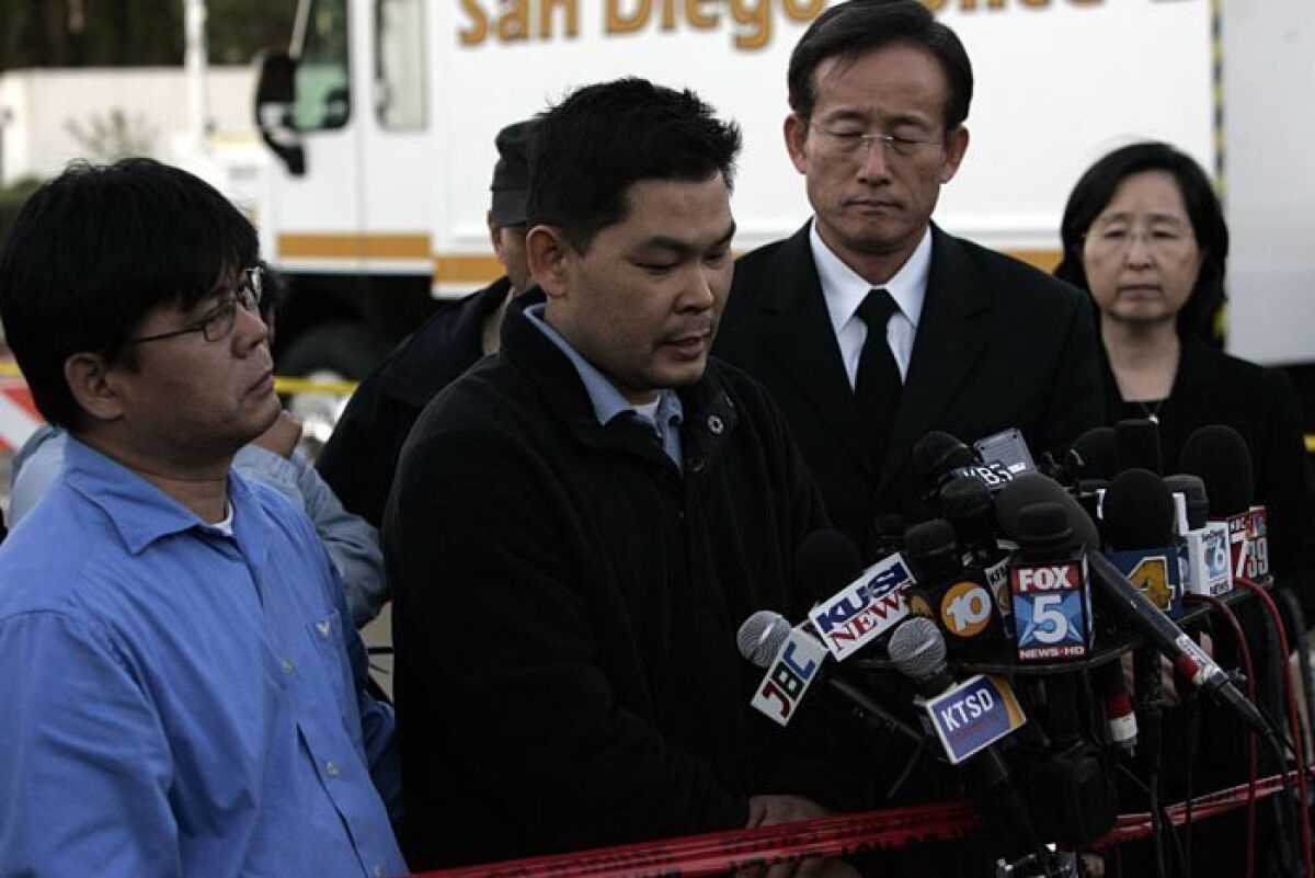 The day after a Marine jet crashed into his University City home, killing his wife, two daughters and mother-in-law, Don Yoon thanked supporters. 2008 file photo — Union-Tribune