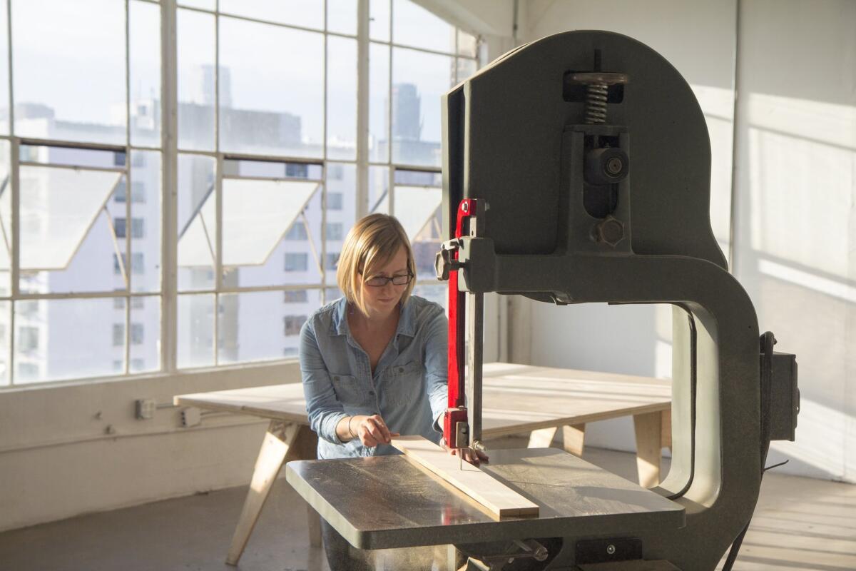 Laura Zahn at Off the Saw, a new collaborative wood shop in downtown Los Angeles,