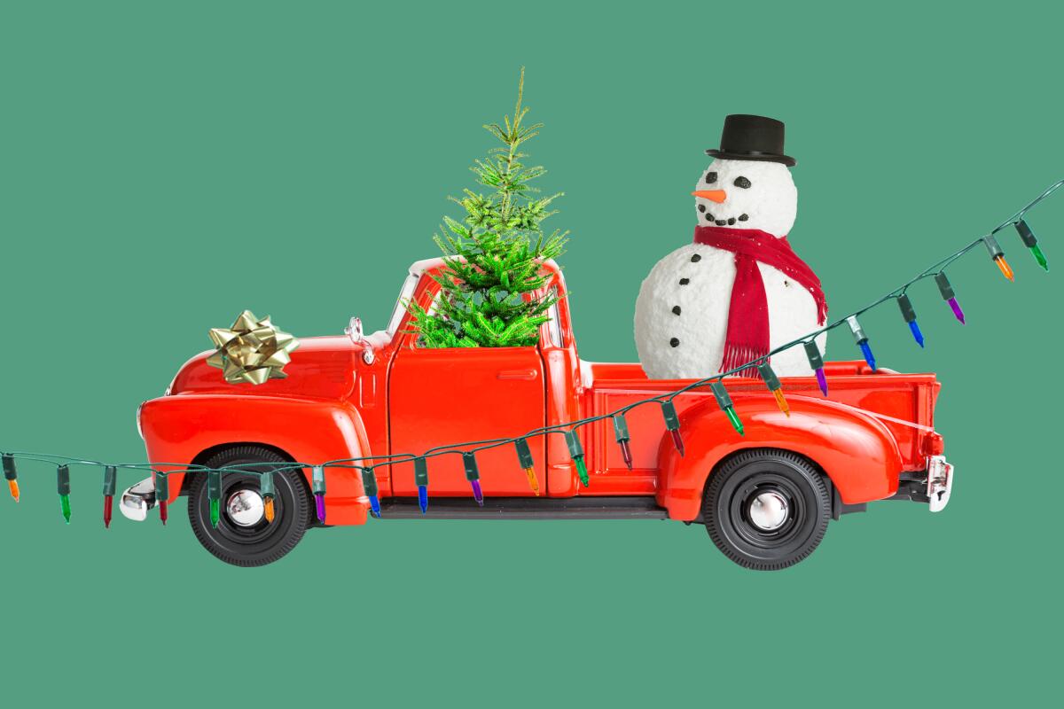 red truck driven by a fern tree, with a snowman in the back