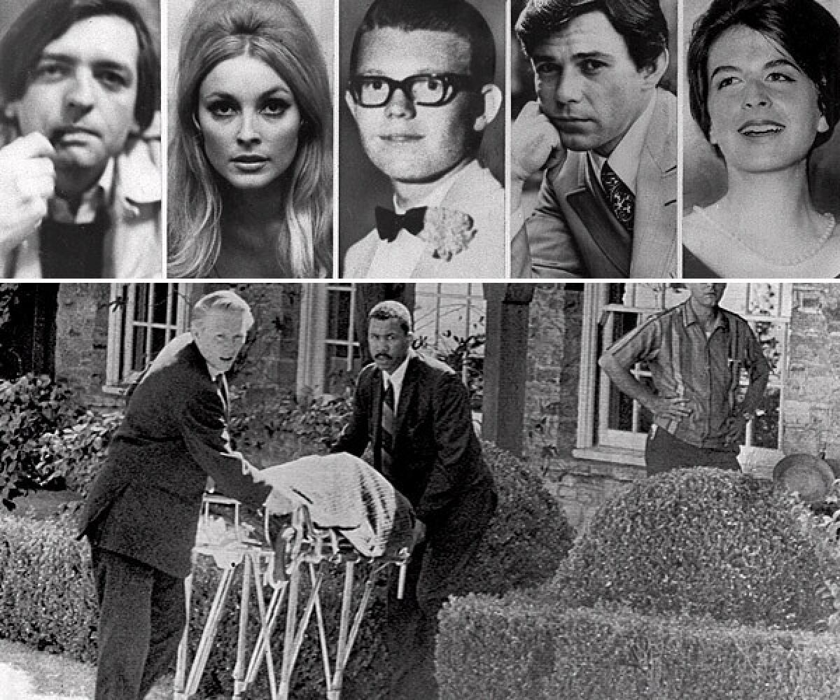 Above, the five people killed at the Benedict Canyon estate of Roman Polanski in August 1969: from left, Voytek Frykowski, Sharon Tate, Steven Parent, Jay Sebring and Abigail Folger. Below, Tate's body is removed from the house.