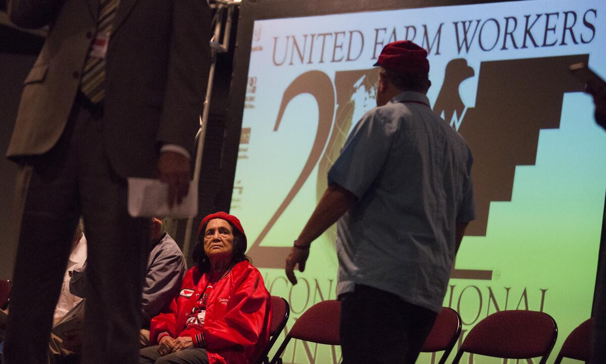 May 2016 photo of Dolores Huerta waiting backstage at the United Farm Workers convention in Bakersfield.