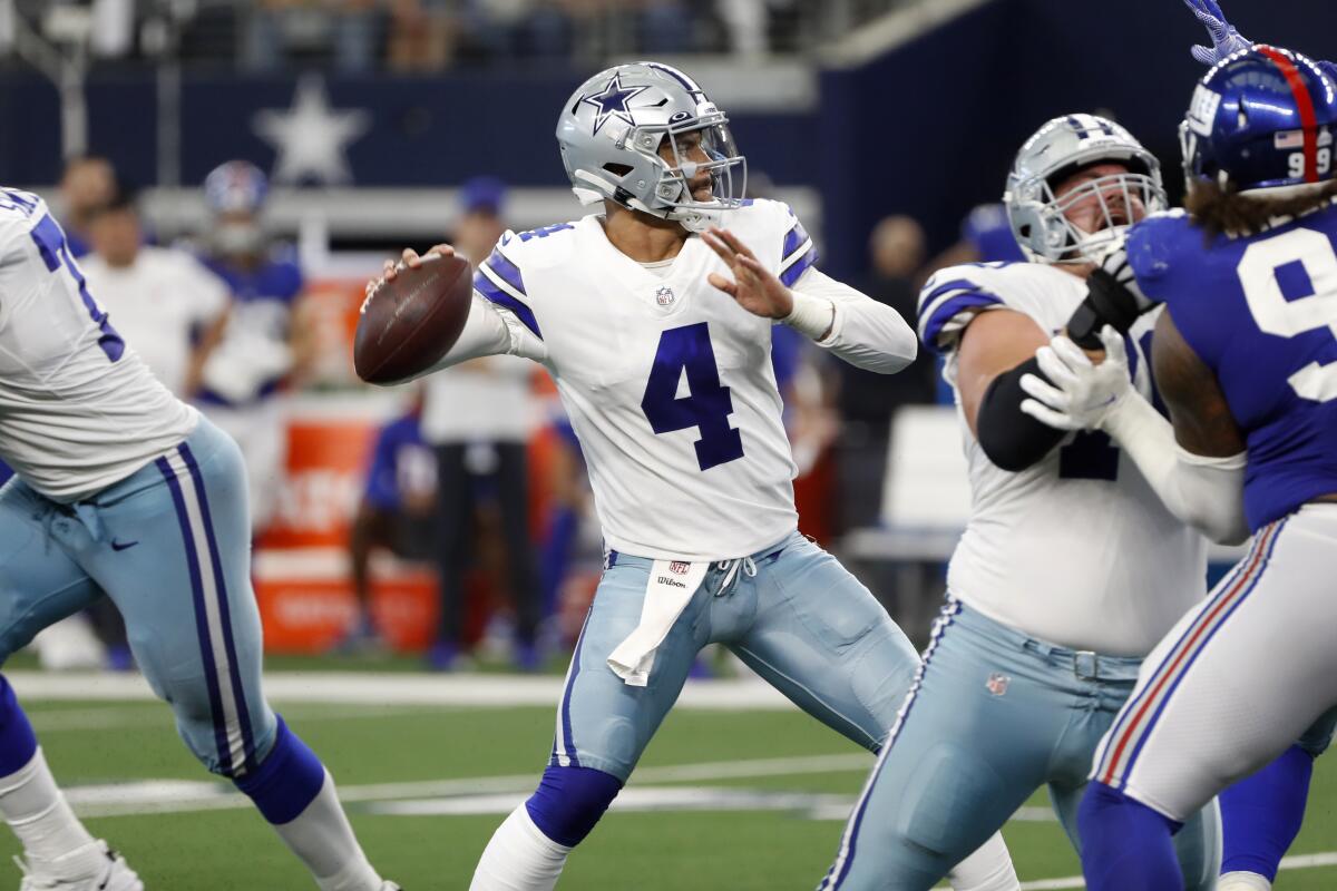 Dallas Cowboys quarterback Dak Prescott passes against the New York Giants.