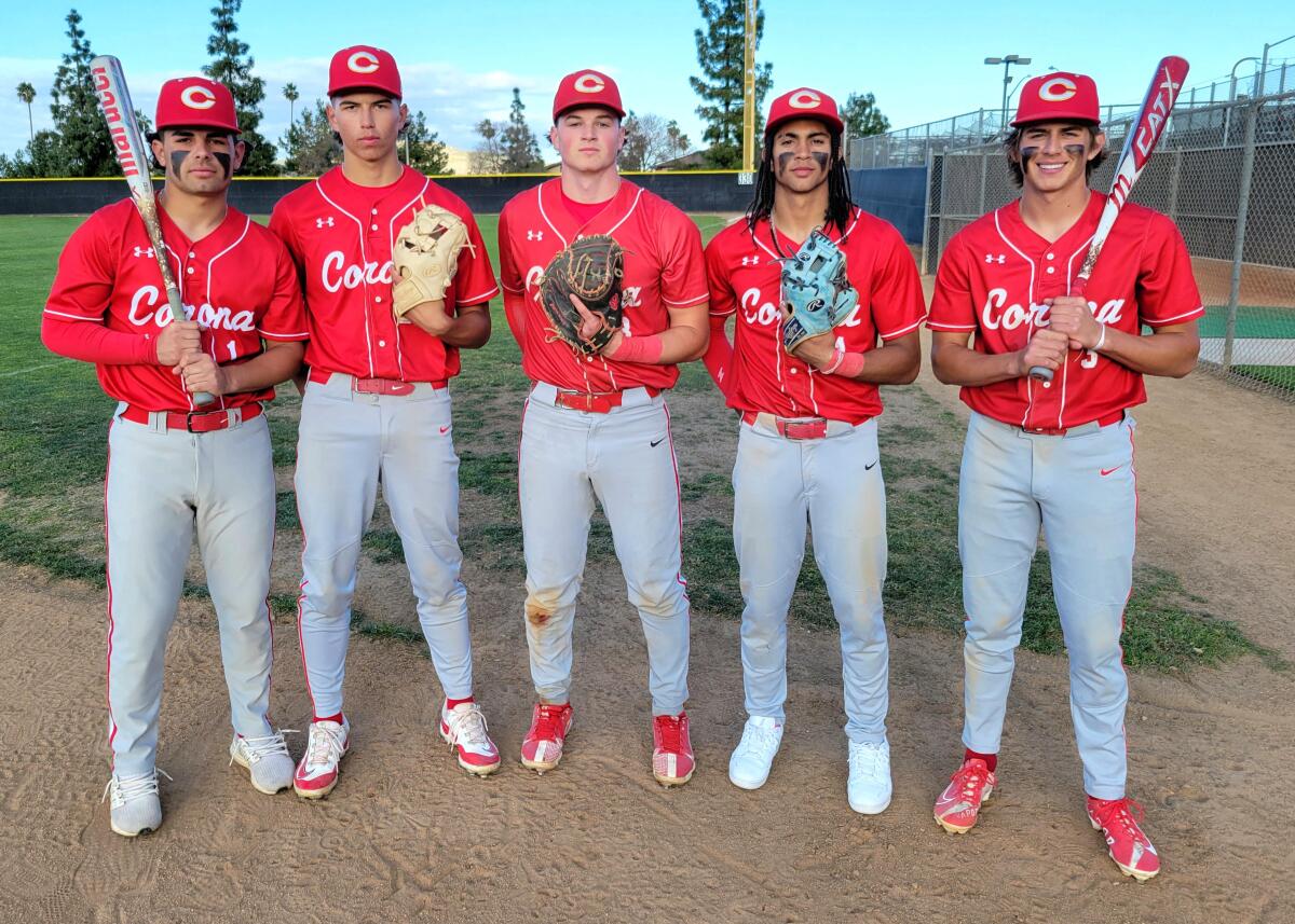 Corona baseball players Trey Ebel, Seth Hernandez, Josh Springer, Anthony Murphy and Billy Carlson.