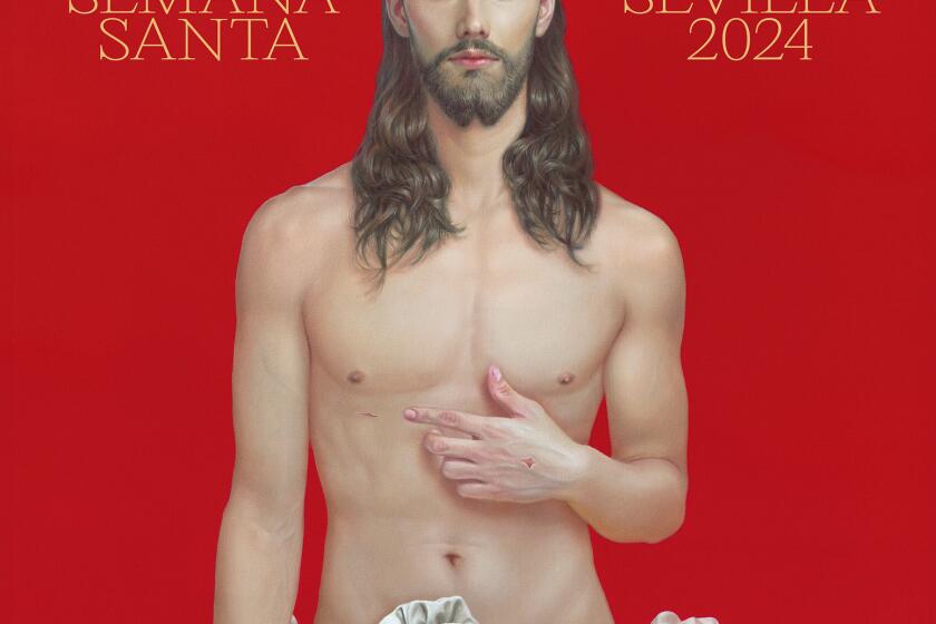 In this photo released by the Consejo de Hermandades de Sevilla on Friday Feb. 2, 2014, the Seville 2024 poster for the religious Easter Holy Week is pictured in this hand out photo. The poster by internationally recognized Seville artist Salustiano Garcia Cruz depicts a young, handsome, fit and fresh-faced Jesus wearing a shroud as loincloth. There is no crown of thorns, no suffering face and just two tiny stab wounds on the hand and ribcage. It could be the cover for a stylish fashion magazine. (Consejo de Hermandades de Sevilla via AP)