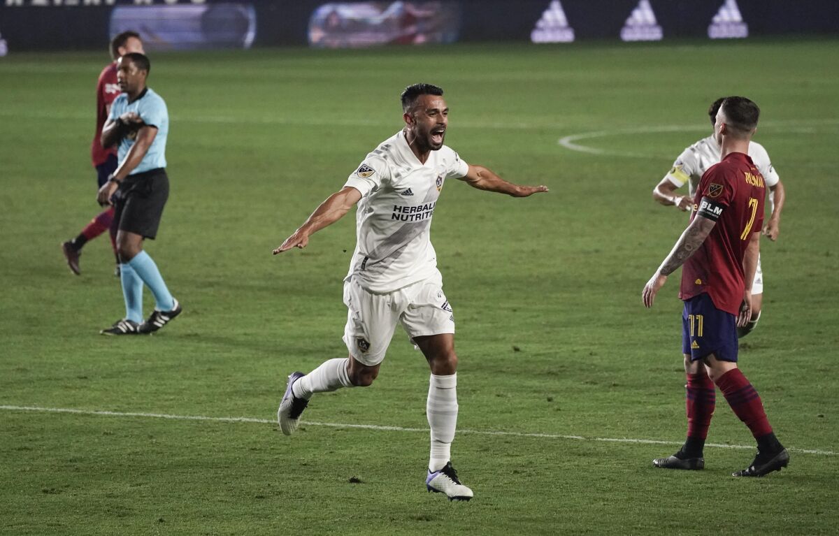 Los Angeles Galaxy's Giancarlo González celebrates his goal against Real Salt Lake.