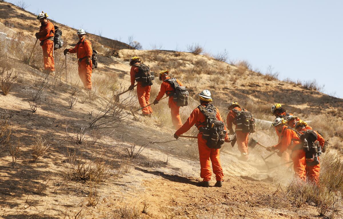Firefighters clear brush on a hillside to establish perimeter control for containment of the North fire near Castaic.