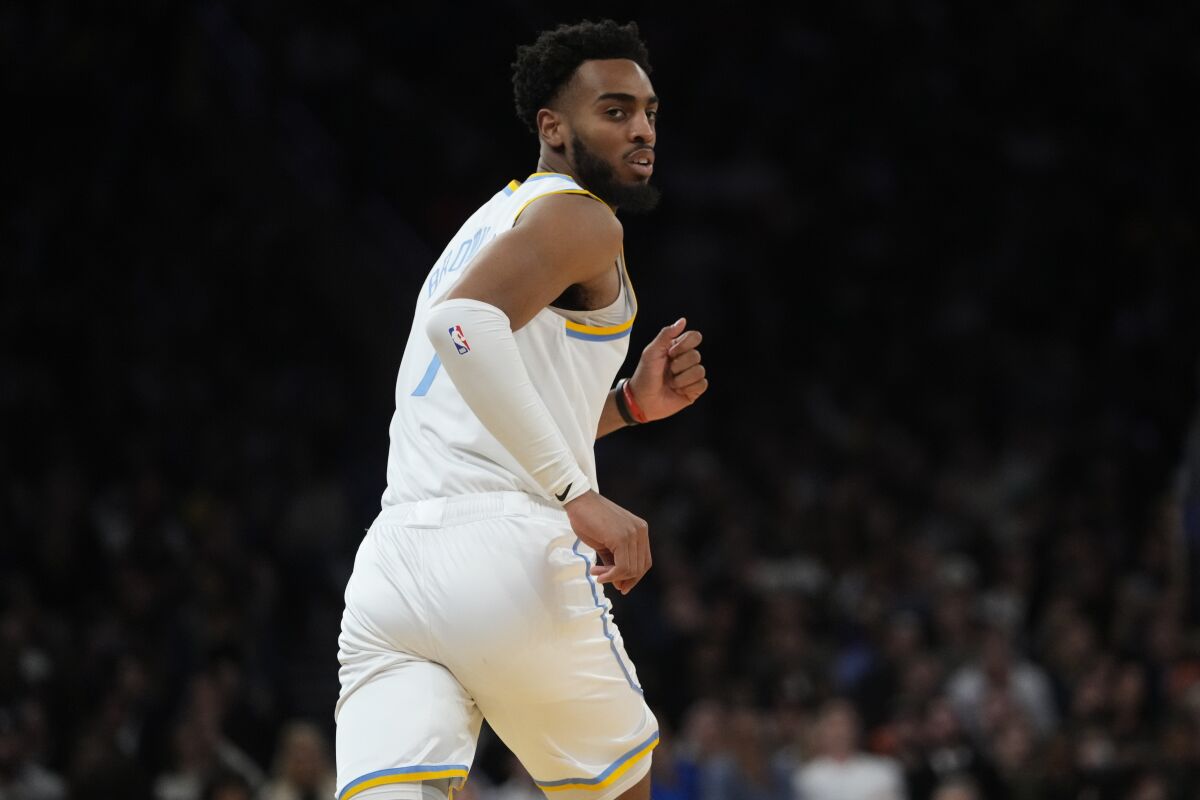 Lakers forward Troy Brown Jr. runs on the court against the New York Knicks on Jan. 31.