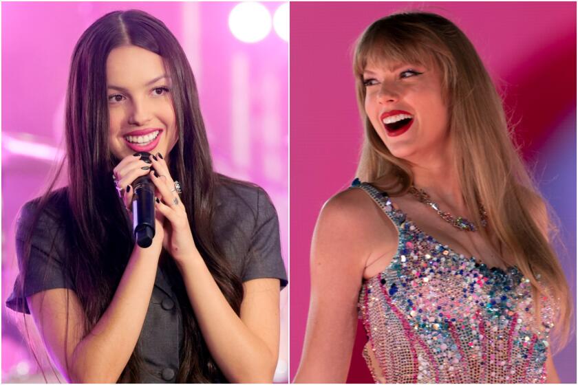 A split image of Olivia Rodrigo smiling into a microphone; and Taylor Swift smiling in a sparkly bodysuit