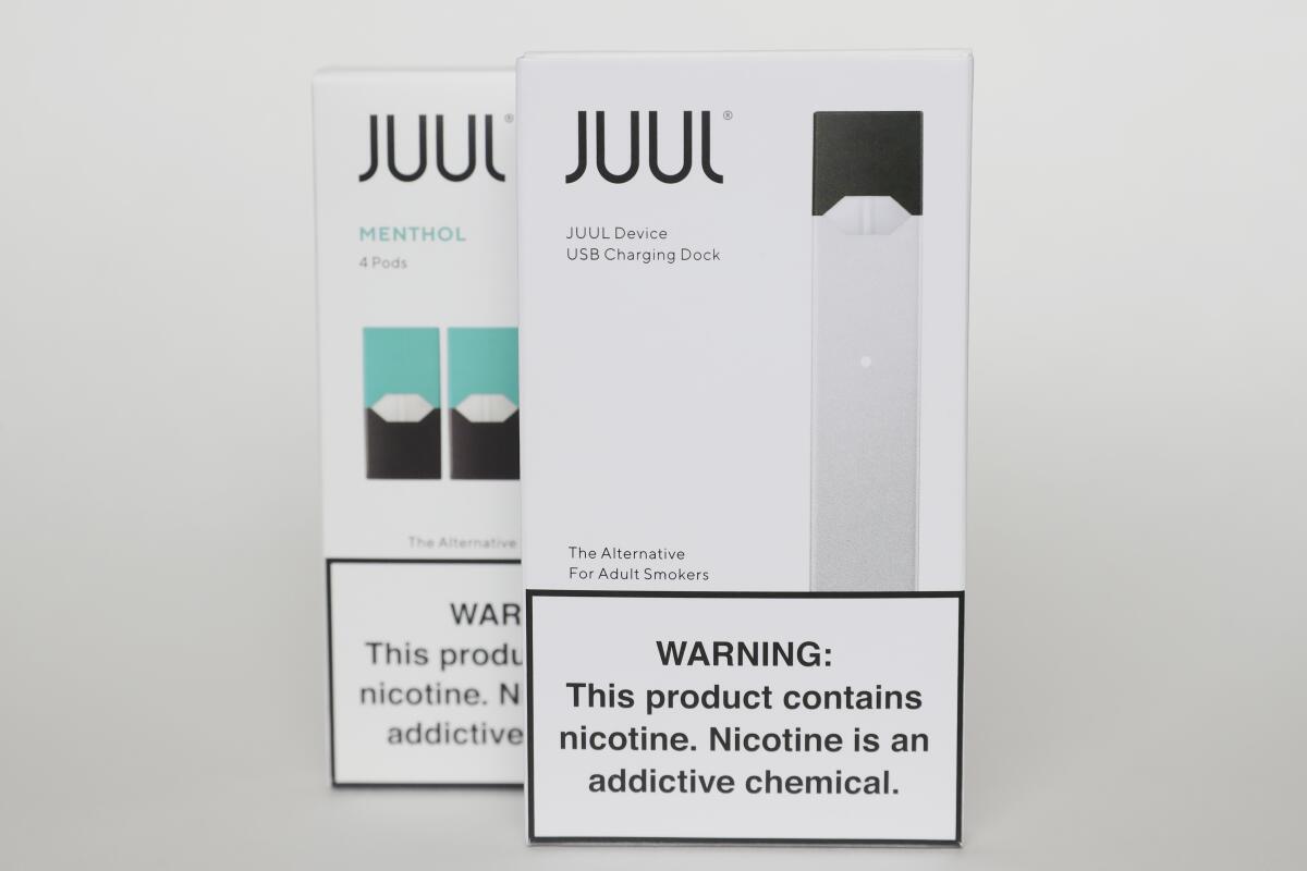 Packaging for an electronic cigarette and menthol pods from Juul Labs 