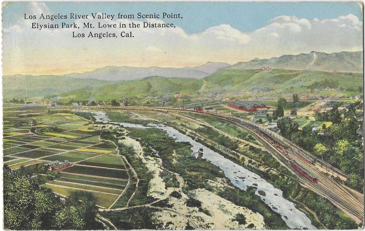 The card reads: "Los Angeles River Valley from Scenic Point, Elysian Park, Mt. Lowe in the Distance"