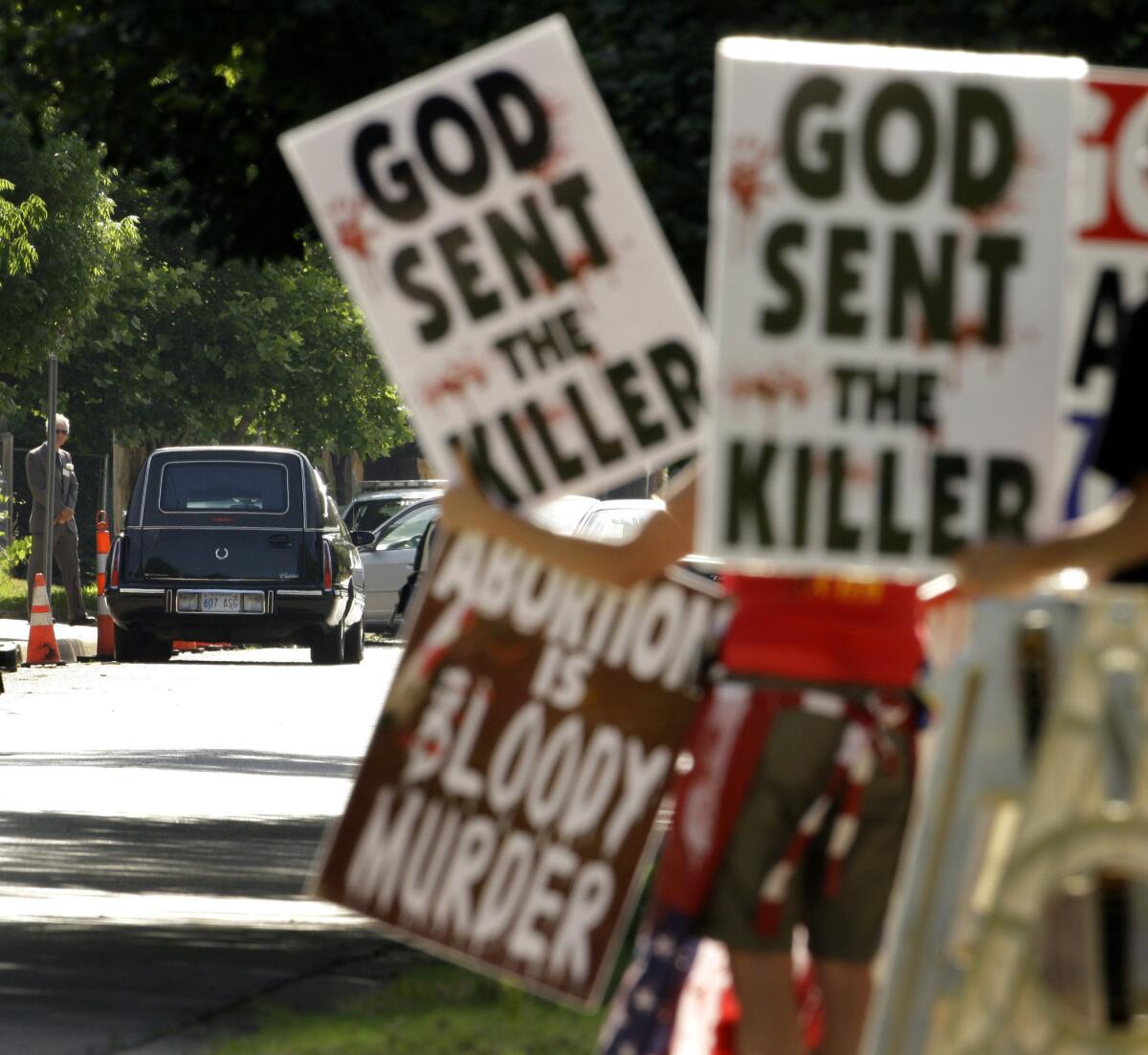 On June 6, 2009, protesters from Rev. Fred Phelps' Westboro Baptist Church demonstrated during funeral services for Dr. George Tiller at College Hill United Methodist Church in Wichita, Kan.