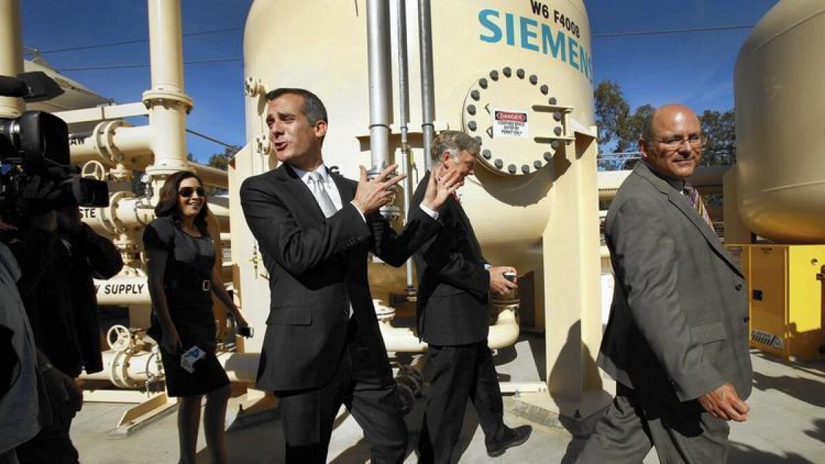 Mayor Eric Garcetti, pictured last year at a DWP facility in Arleta, said the city has a "once-in-a-generation chance" to reform its public utility.