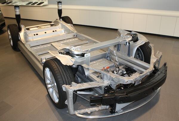 The rolling chassis of the Tesla Model S.