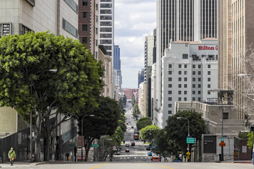 Most major avenues and streets of downtown Los Angeles have little foot or vehicular traffic March 20.