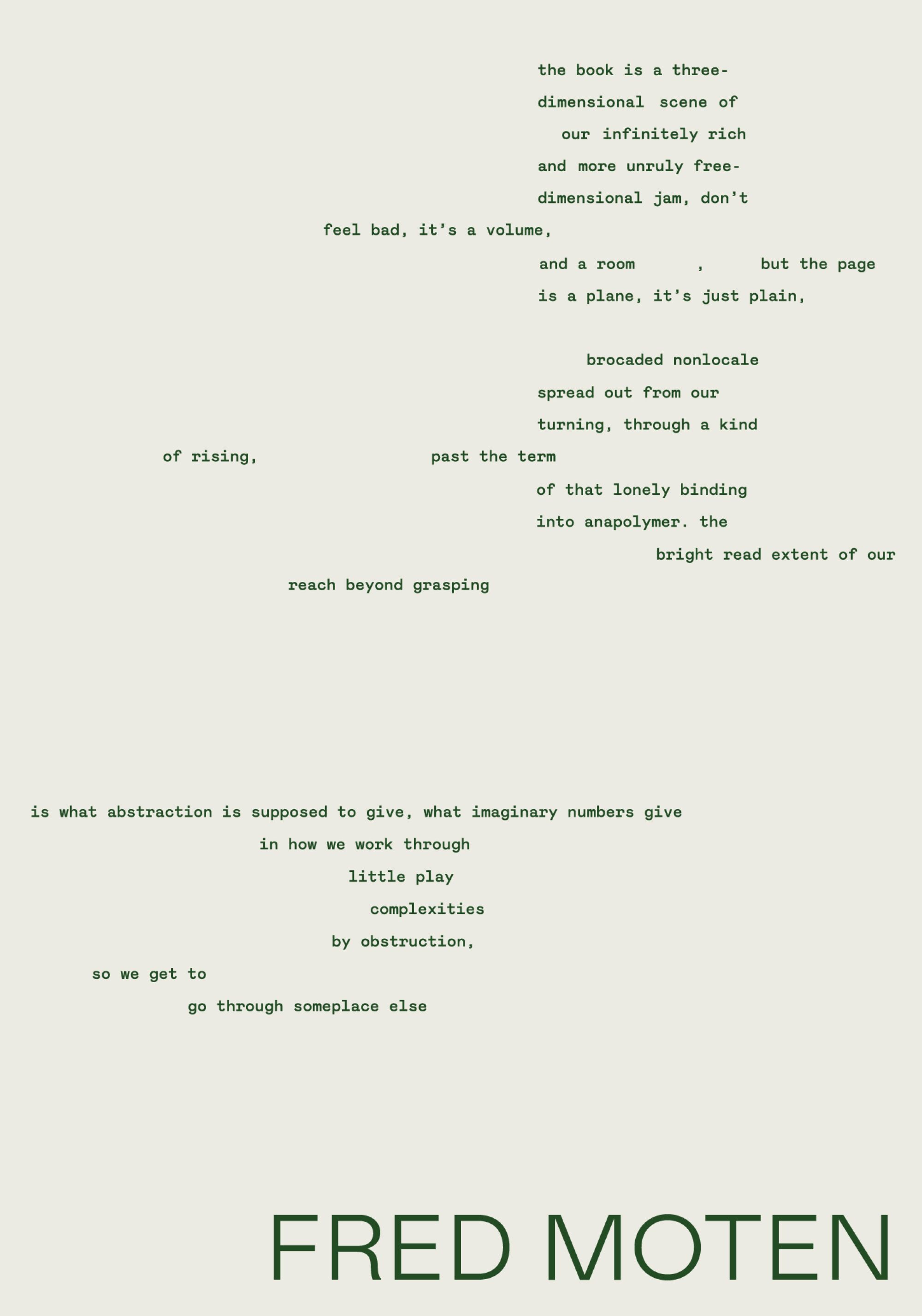 Fred Moten poem in green text on top of an off-white background
