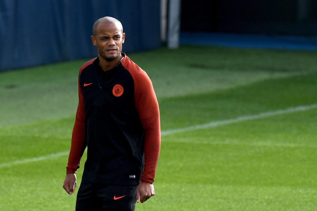 Manchester City defender Vincent Kompany attends a team training session at Manchester City Football Academy Campus in Manchester, England on Oct. 18.