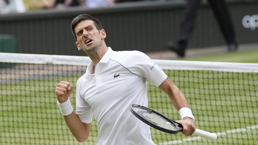 Novak Djokovic celebrates after defeating Denis Shapovalov during the semifinals at Wimbledon.