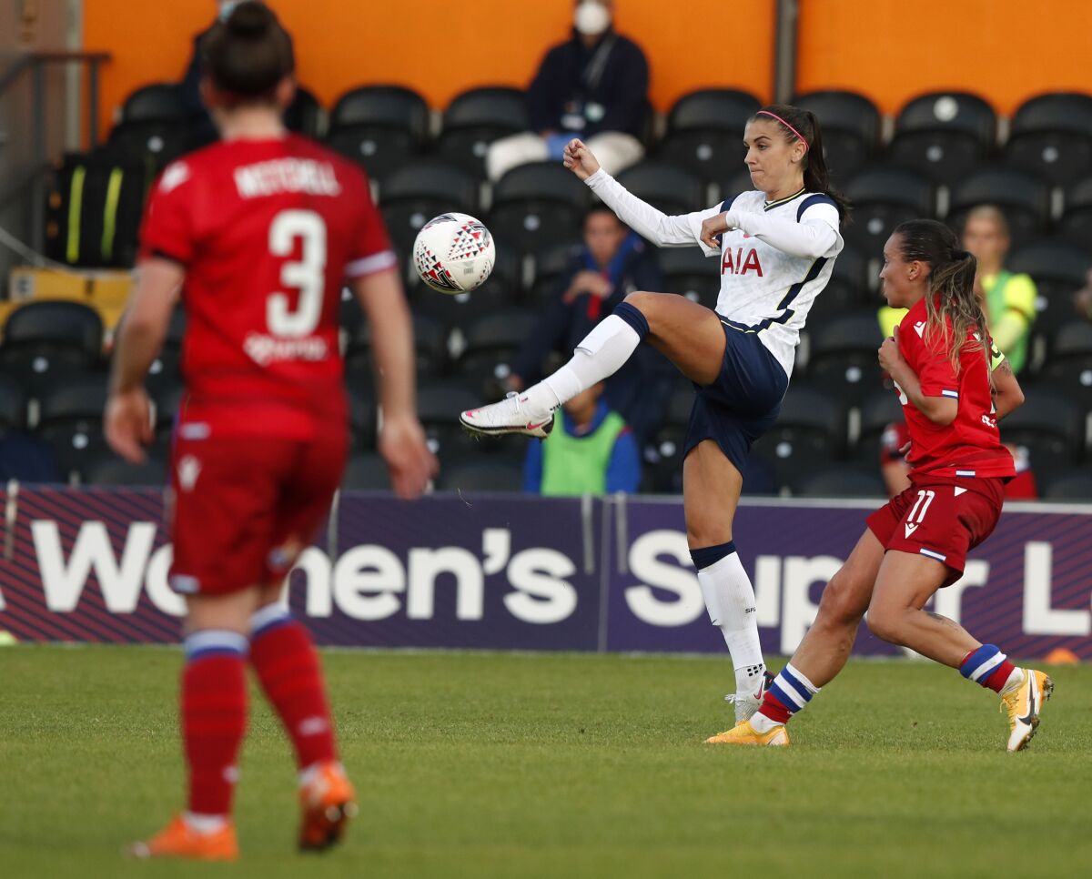 Tottenham Hotspur's Alex Morgan tries to control the ball in a match against Reading on Nov. 7 in London. 