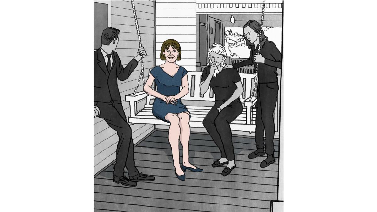 Illustration of a man and woman striking up a conversation on a neighbor's porch -- and everyone is dressed for a wake.