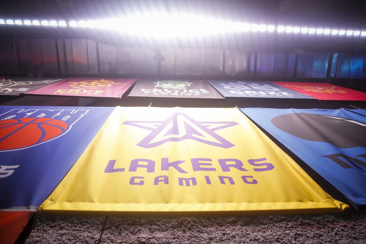 A Lakers Gaming banner at the NBA 2K League Studio in Long Island.