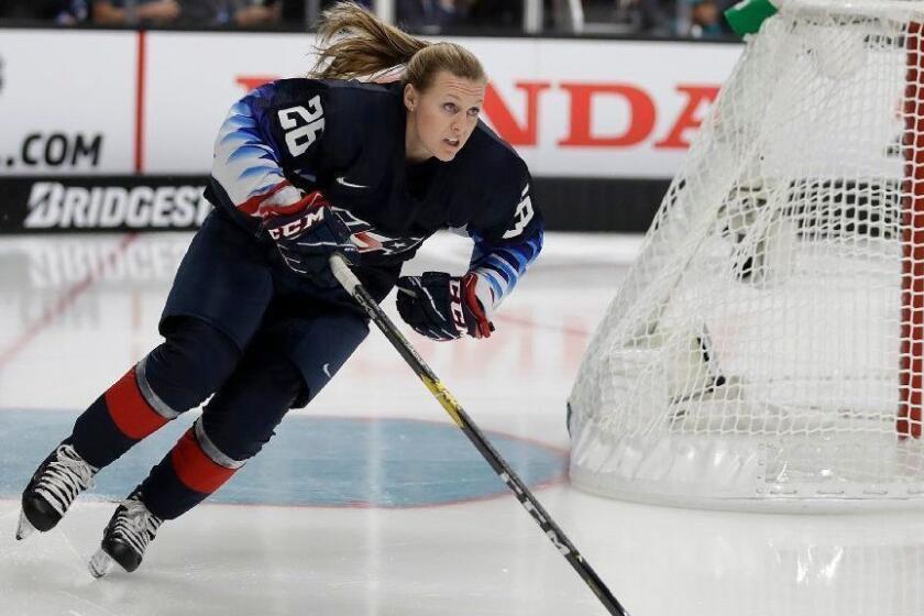 United States' Kendall Coyne skates during the Skills Competition, part of the NHL All-Star weekend, in San Jose, Calif., Friday, Jan. 25, 2019. (AP Photo/Ben Margot)