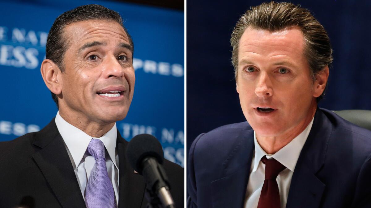 A poll by the Public Policy Institute of California showed that among likely voters, Gavin Newsom, right, led the gubernatorial race with 23%, followed by Antonio Villaraigosa, left, at 18%. Then came Democrat John Chiang and Republican businessman Johhn Cox, both at 9%.