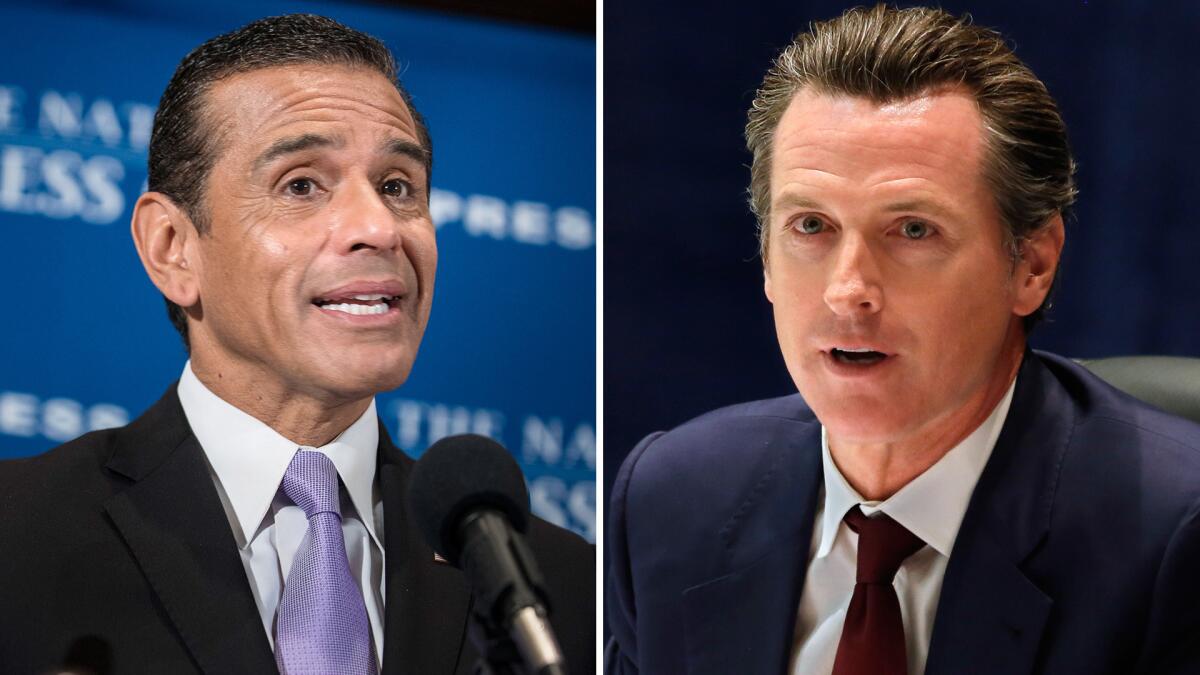 Gubernatorial candidates Antonio Villaraigosa, left, and Gavin Newsom, right