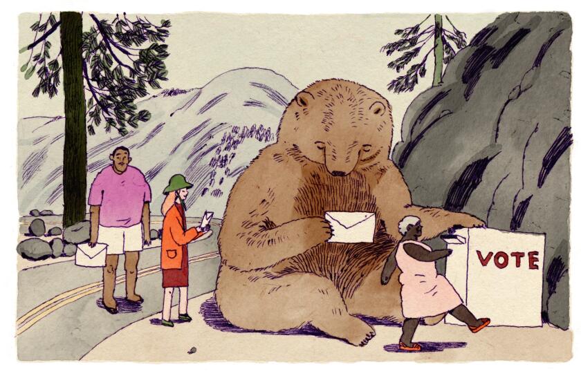 Illustration depicting people and a bear participating in a vote. A bird lands on the bear.