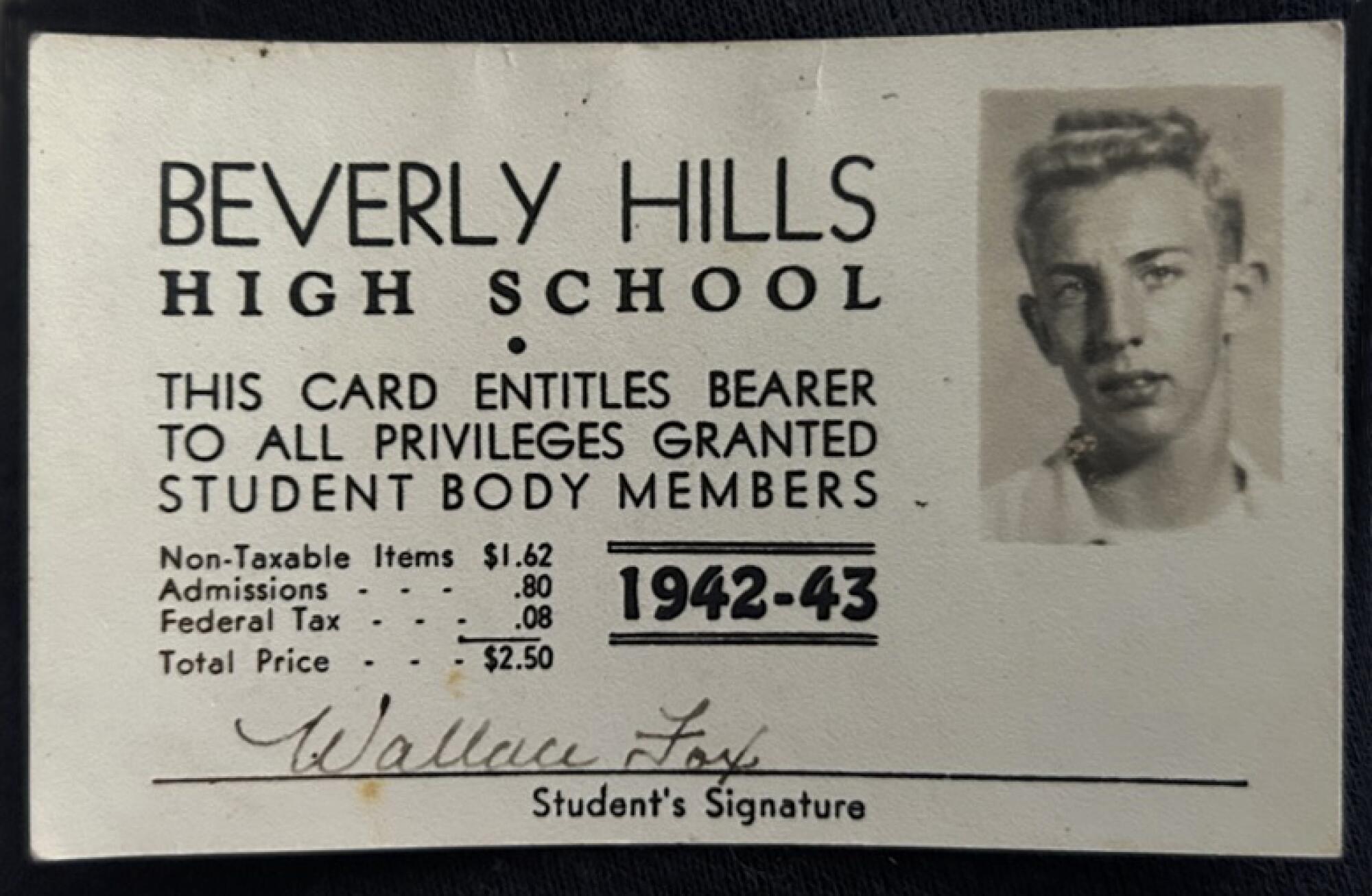 A Beverly Hills High School student ID card for Wallace Fox, from the 1942-43 school year.