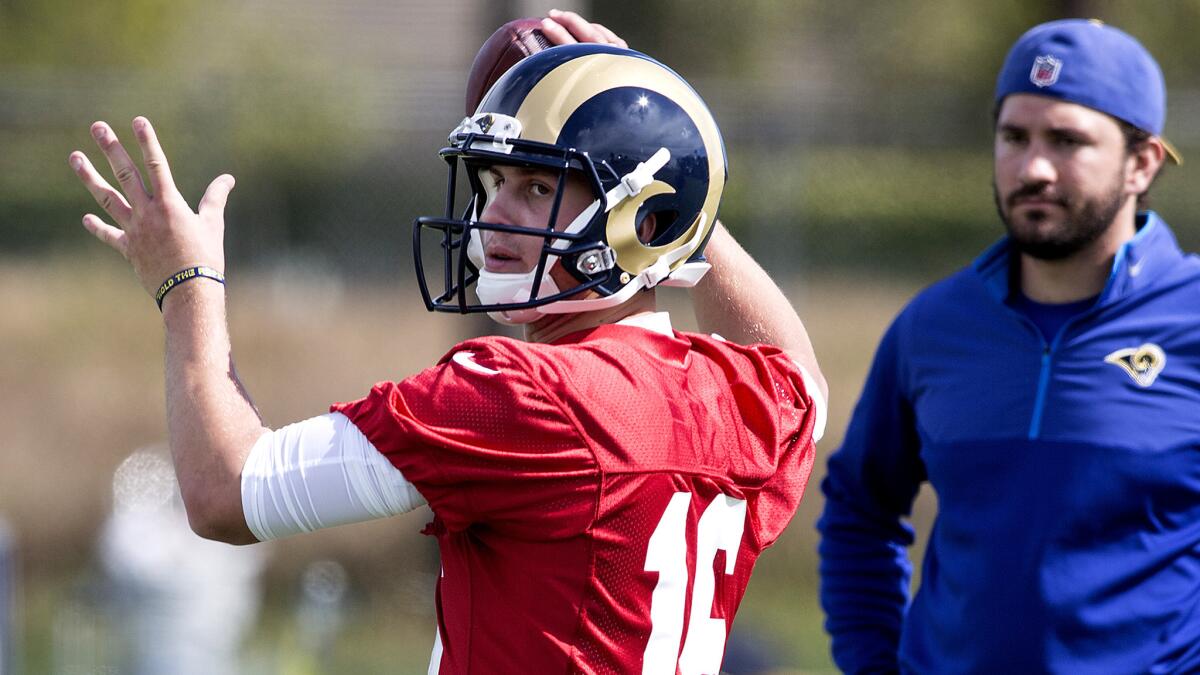 Quarterback Jared Goff participates in a passing drill during Rams camp. 