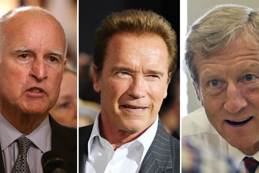 Gov. Jerry Brown, from left, former Gov. Arnold Schwarzenegger and billionaire environmental activist Tom Steyer will attend the United Nations summit on climate change in Paris.