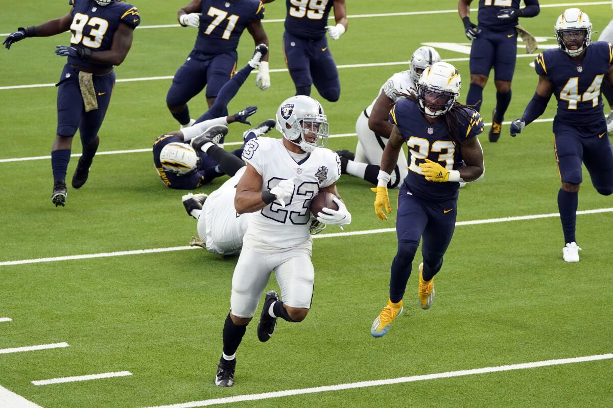 Las Vegas Raiders running back Devontae Booker (23) runs for a touchdown during the first half of an NFL football game against the Los Angeles Chargers, Sunday, Nov. 8, 2020, in Inglewood, Calif. (AP Photo/Alex Gallardo)