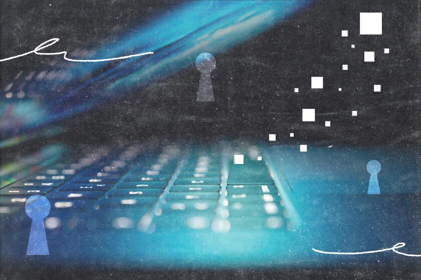 Keyboard of a half-closed laptop overlaid with illustrated keyholes and a stream of pixels