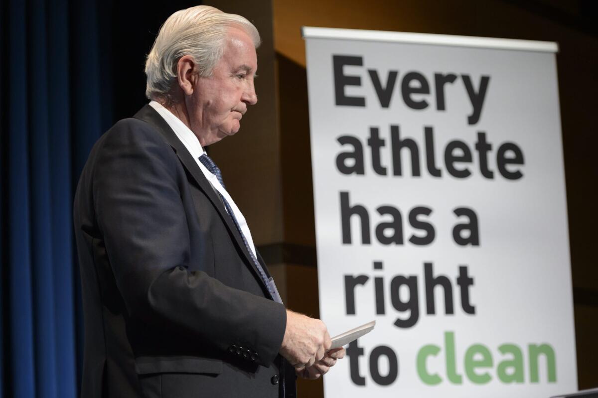 World Anti-Doping Agency President Sir Craig Reedie speaks in Lausanne, Switzerland, on March 14.