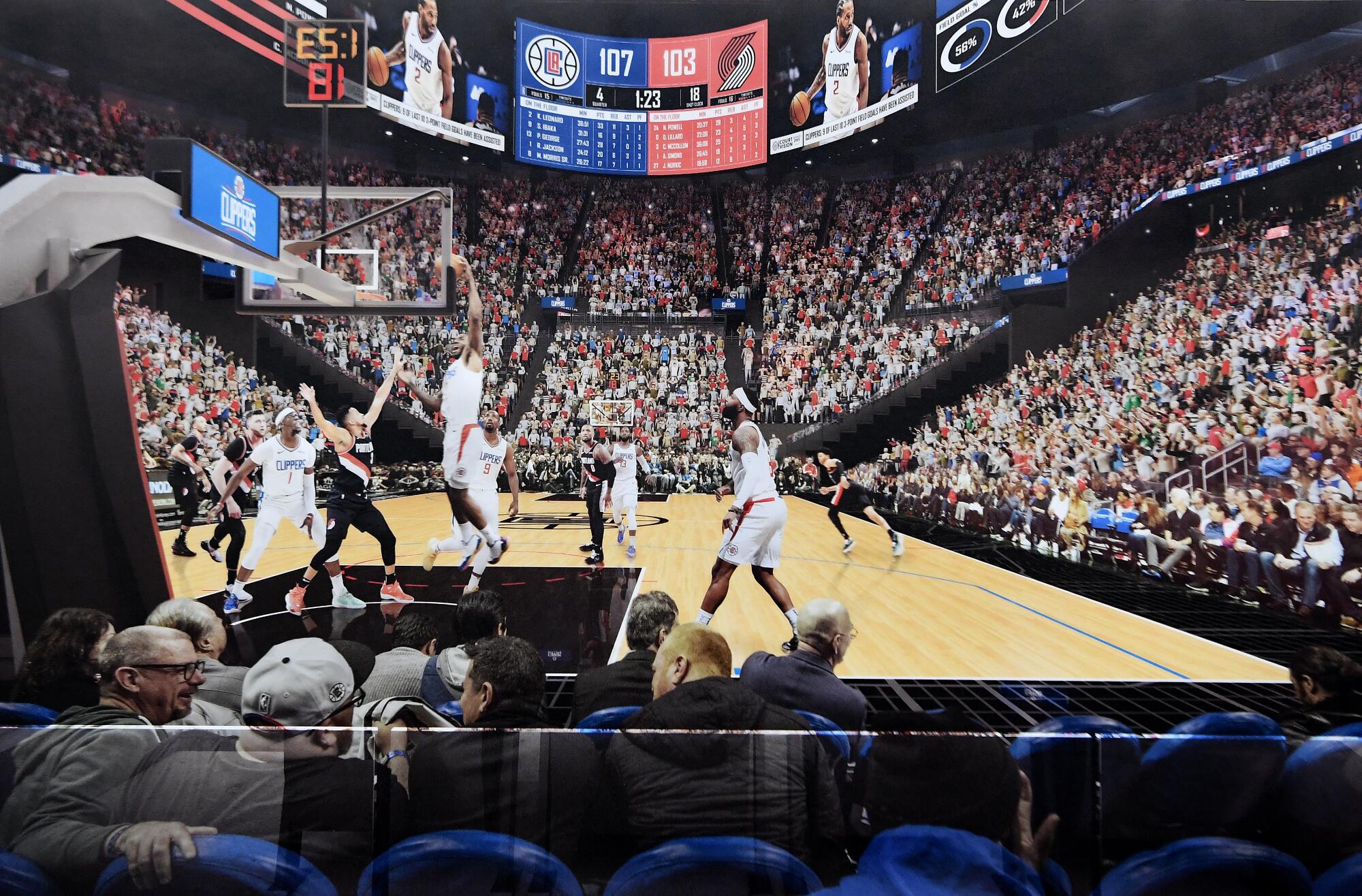 An artist's rendering of a game at The Intuit Dome shows the interior oval of the scoreboard.