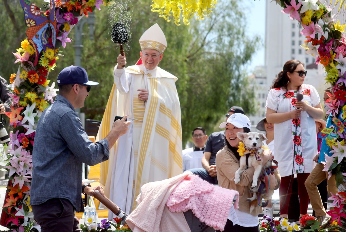 Archbishop Jose H. Gomez blesses animals.