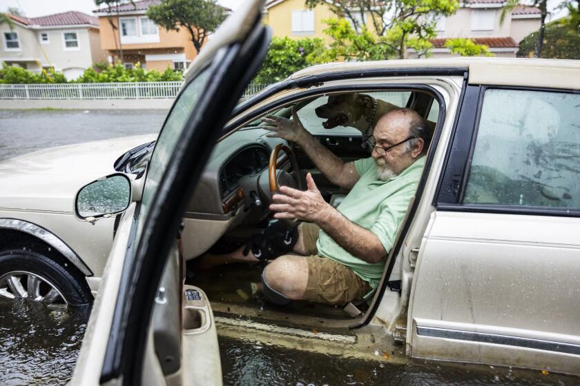 Mike Viesel y su perro Humi esperan dentro de su auto inundado a ser remolcados, el 12 de junio de 2024, en Hollywood, Florida. (Matias J. Ocner/Miami Herald vía AP, Archivo)