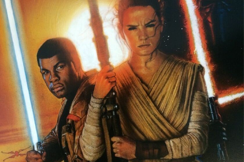 Drew Struzan returns to make the 'Star Wars: Episode VII -- The Force Awakens' poster art. Here, John Boyega, left, and Daisy Ridley are portrayed.
