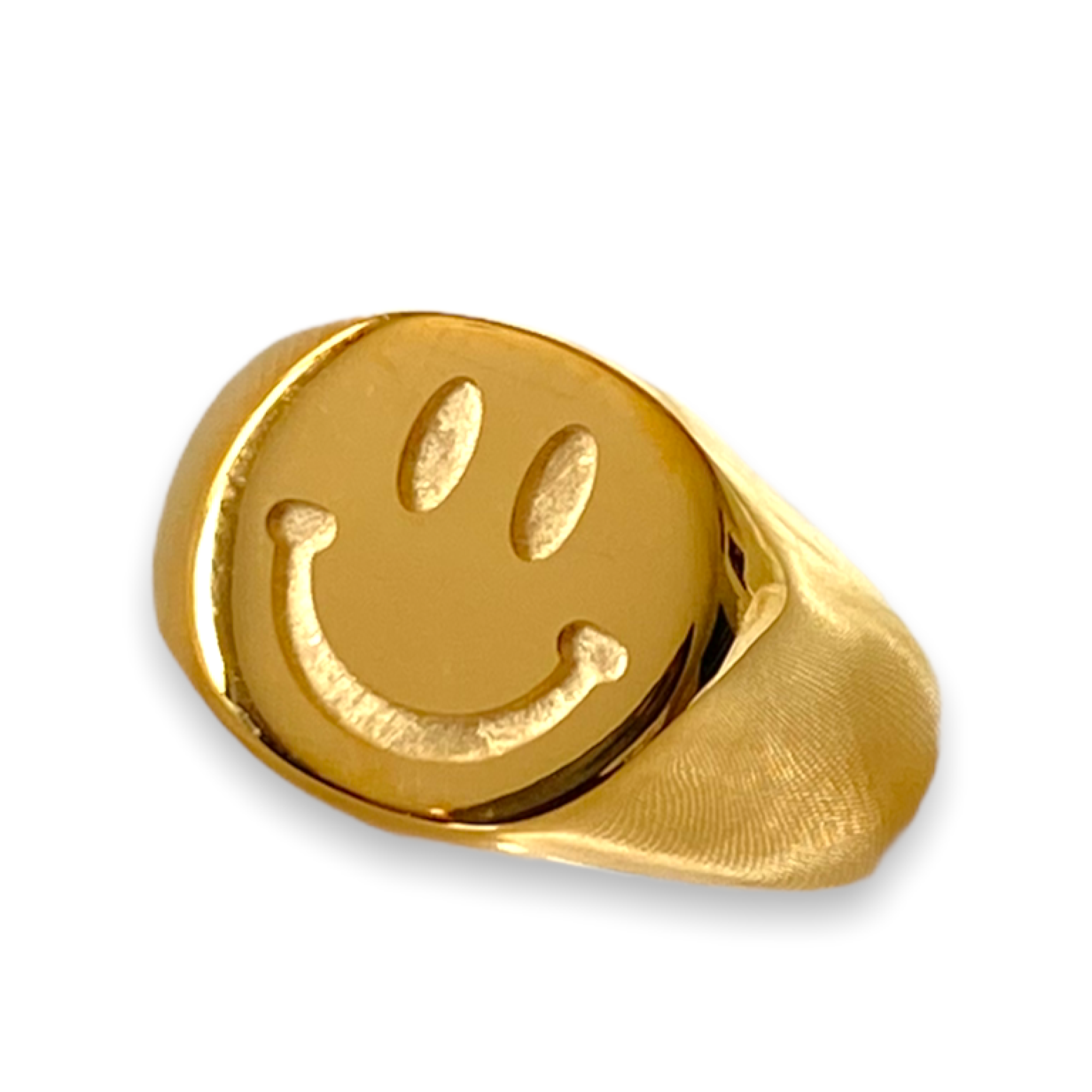 Gold ring with a smiley emoji front. 